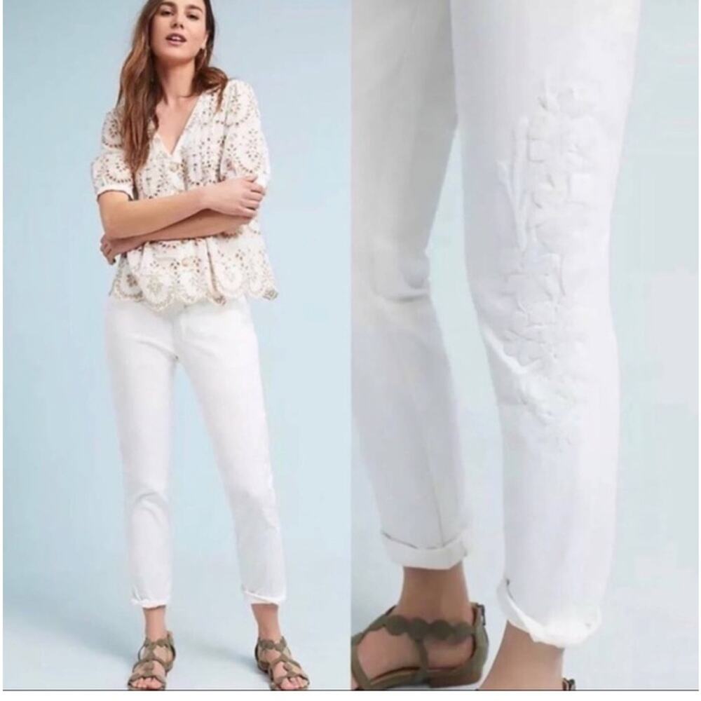 Chino by Anthropologie Floral Embroidered Relaxed Chino Ankle Pants White Sz 30